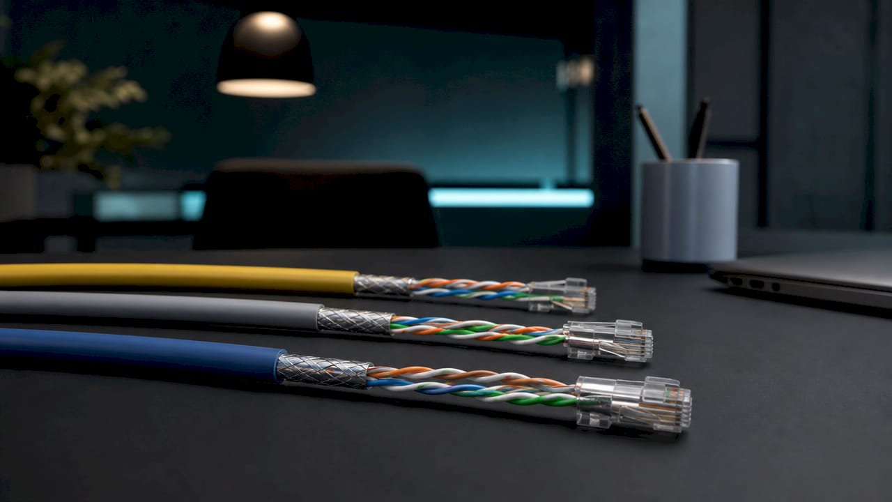 Close-up comparison of Cat5e, Cat6, and Cat6a cables