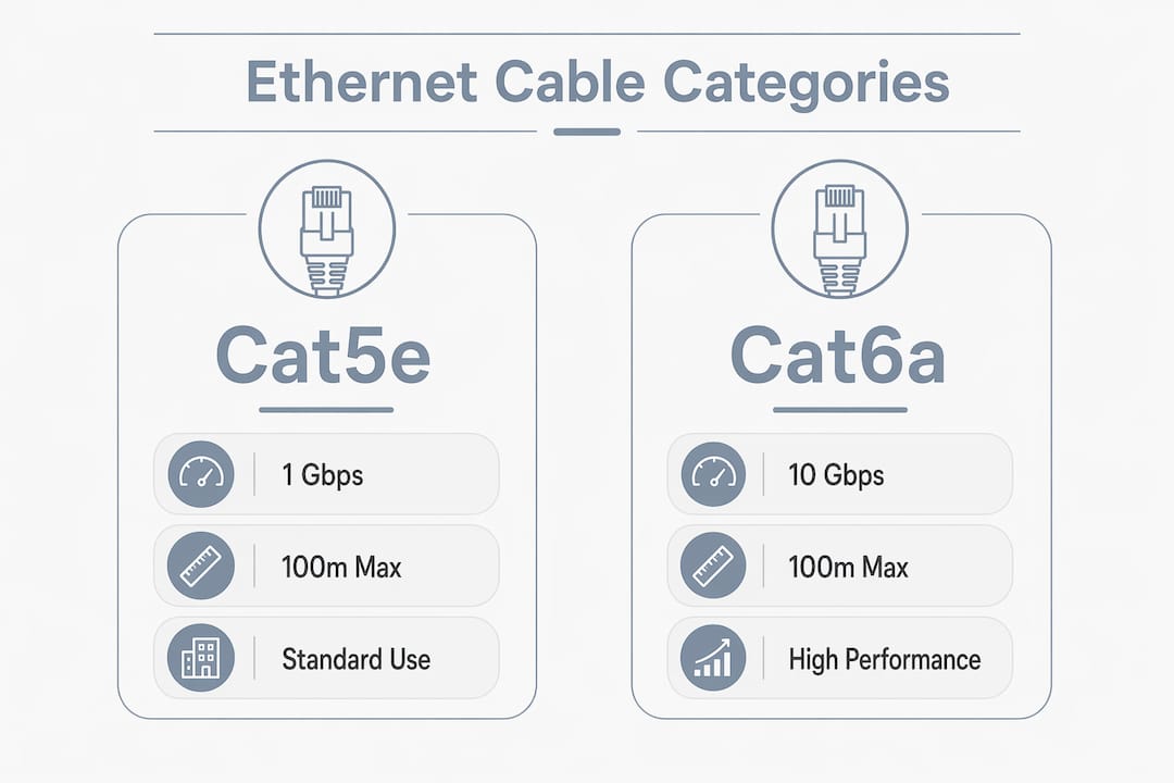 Infographic comparing Cat5e and Cat6a Ethernet cables