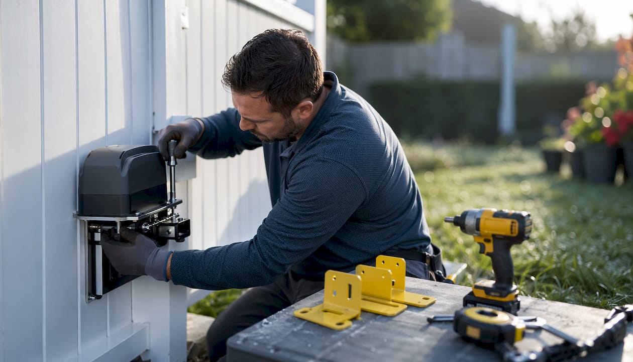Hands installing swing gate motor outdoors