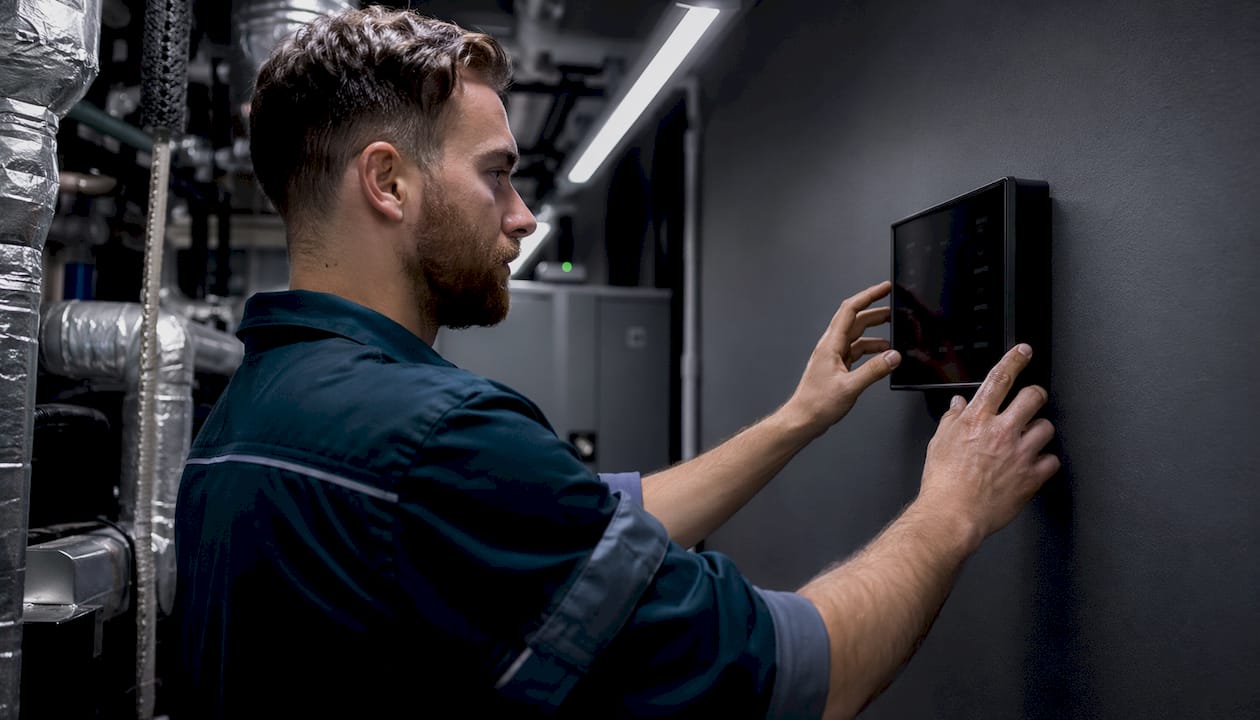 Technician using touch panel for HVAC control
