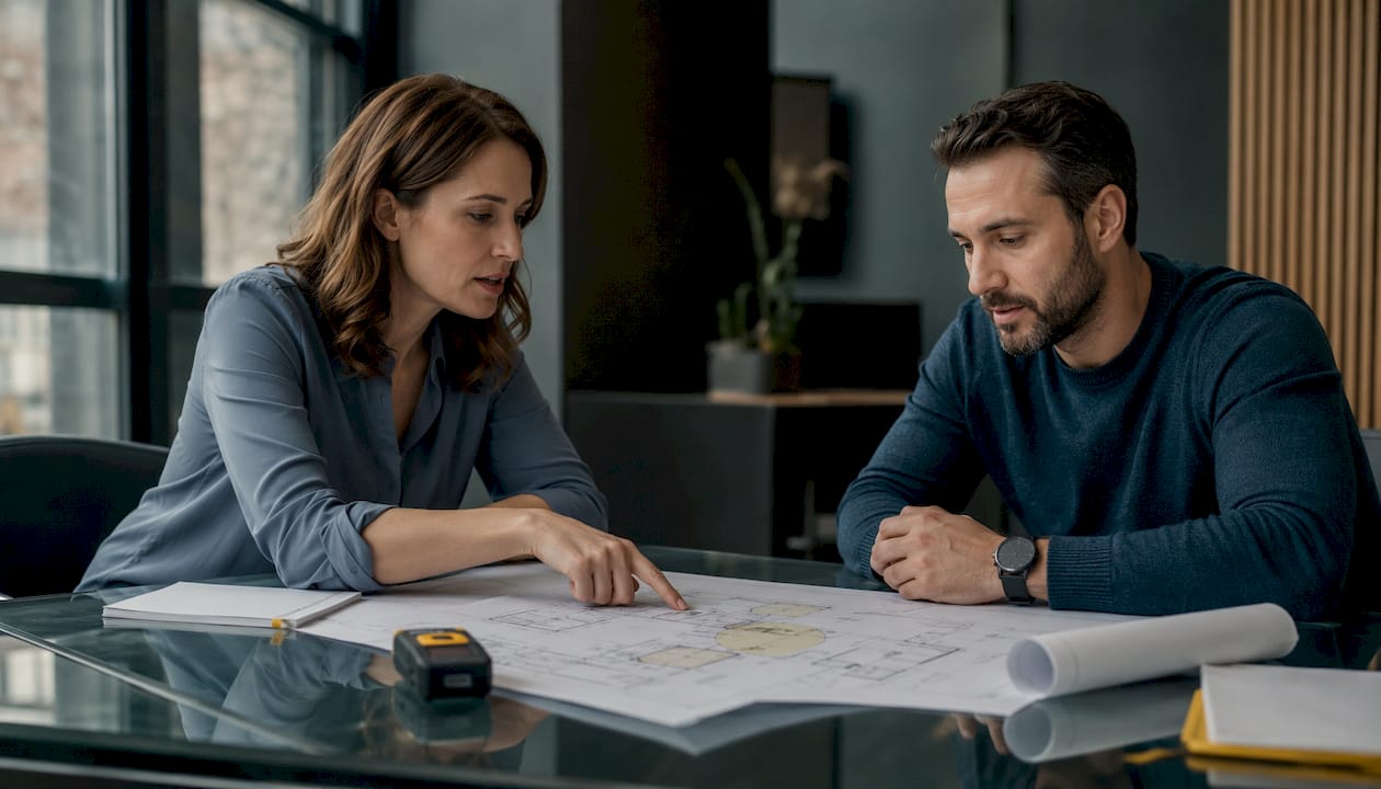 Property manager and engineer planning booster layout