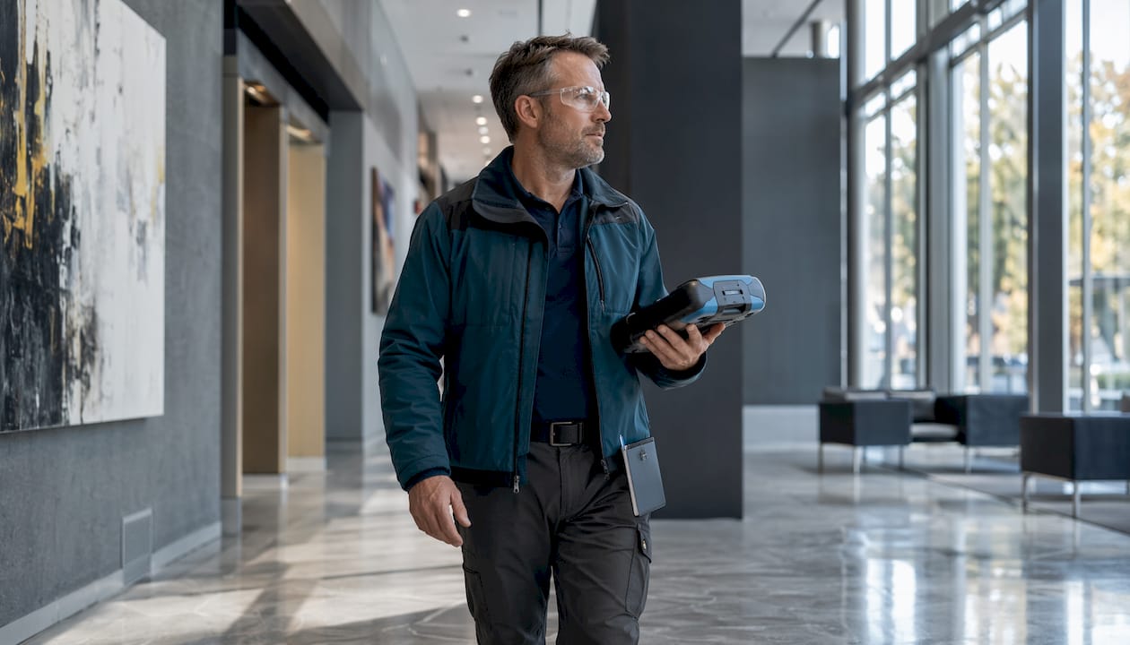 Engineer conducting signal testing in building corridor