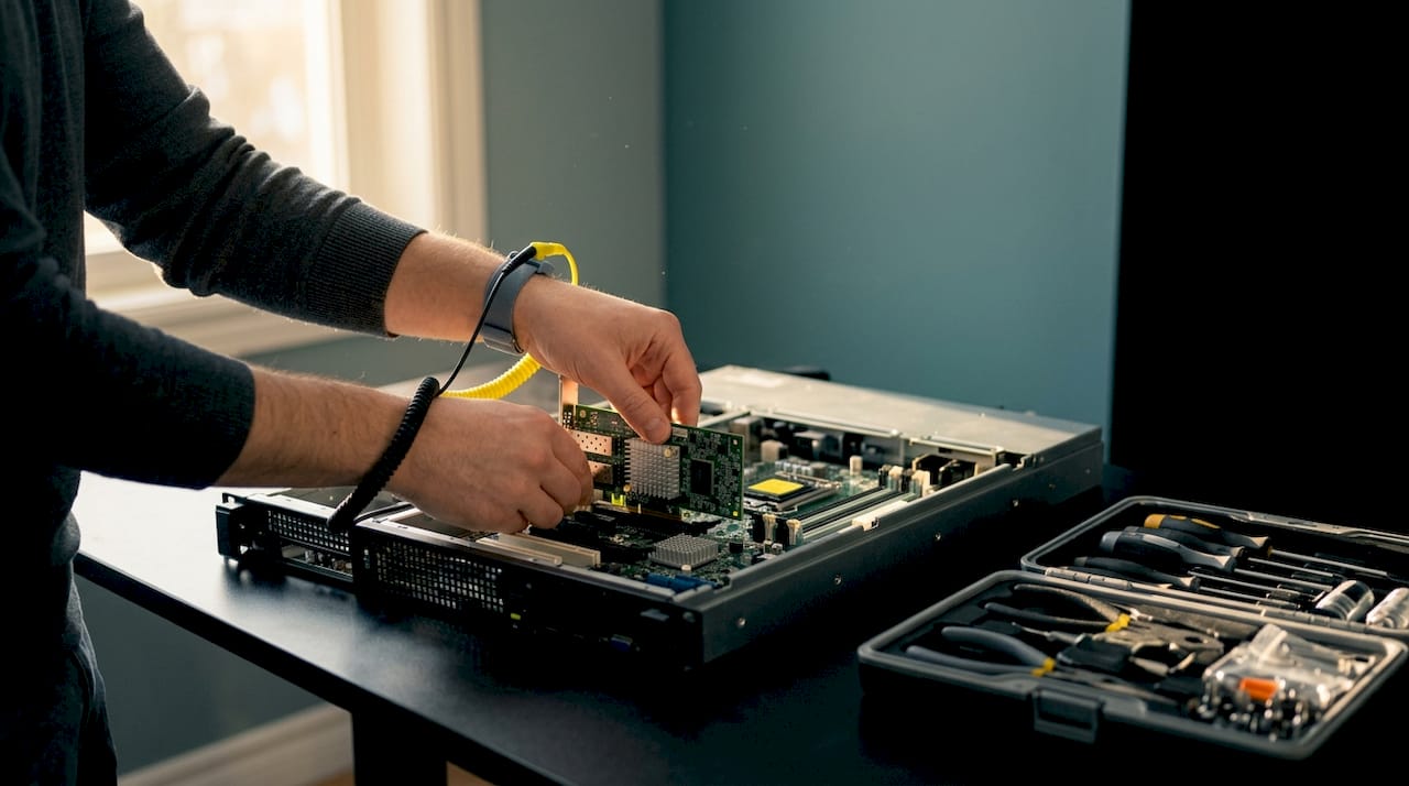 Hands installing PCIe NIC card in server