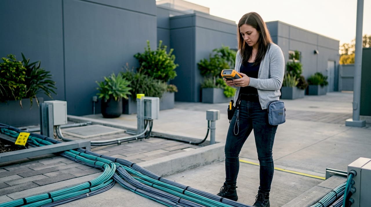 Technician testing network cables with tester