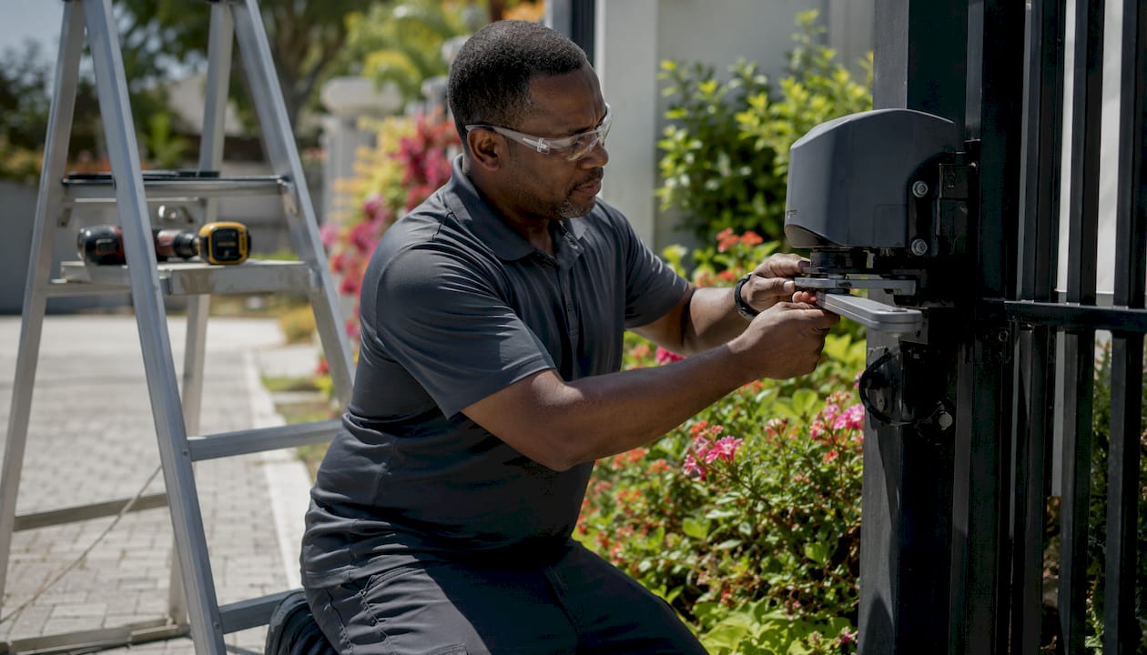 Installer adjusting swing gate operator outdoors