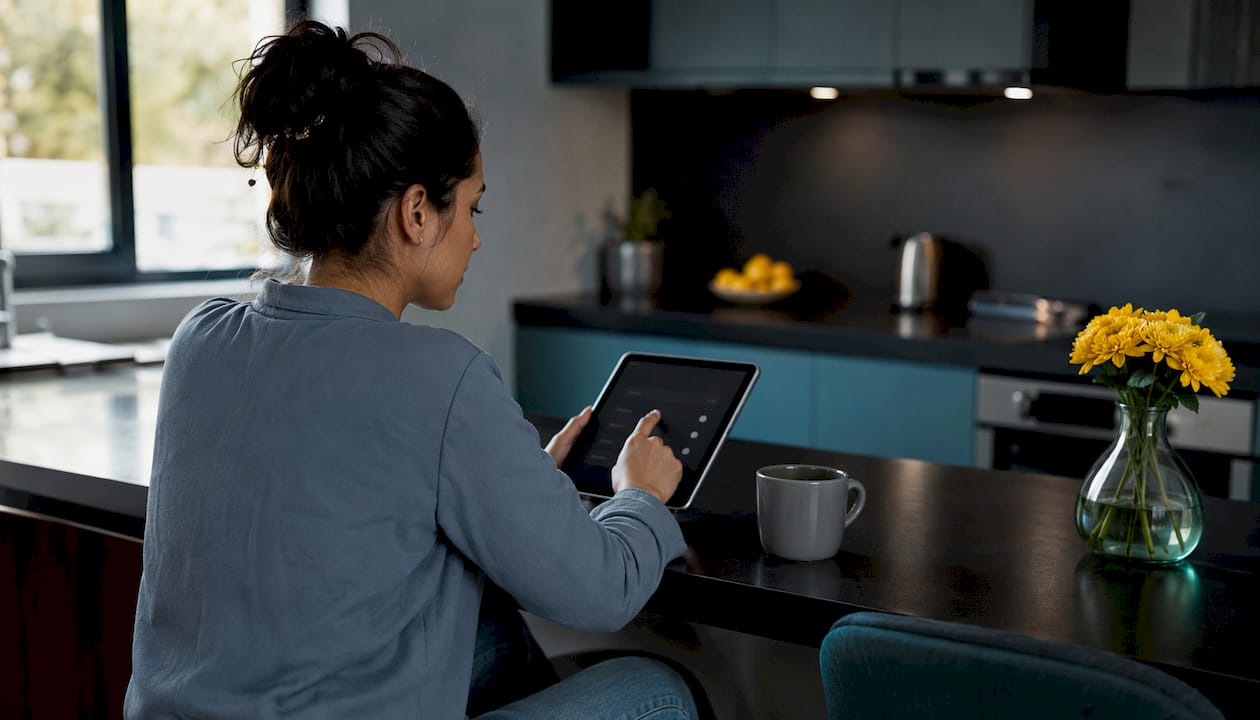 Woman configuring smart home gate system via tablet