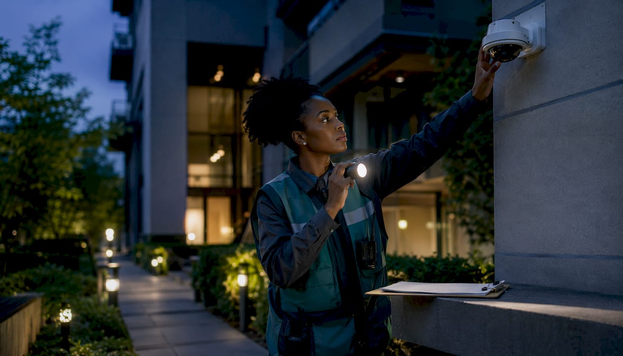 Woman inspecting outdoor security camera lighting