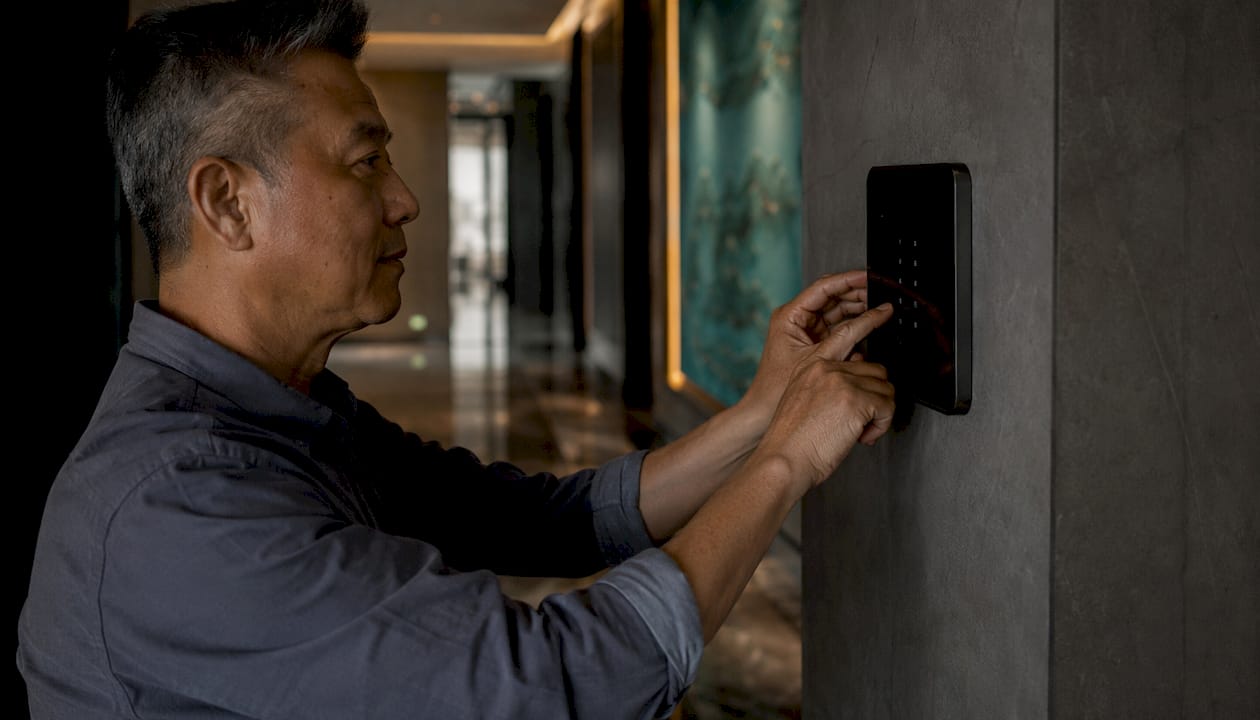 Hands testing security system control panel