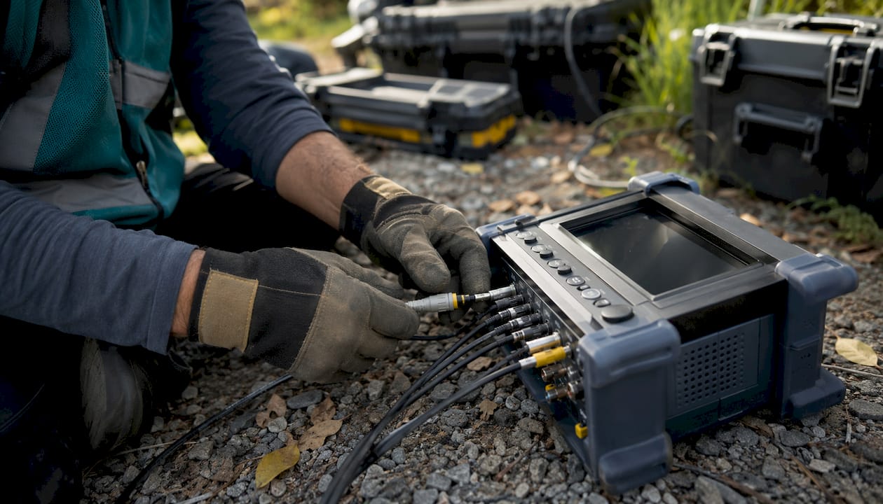 Close-up hands connecting cable to network analyzer outdoors
