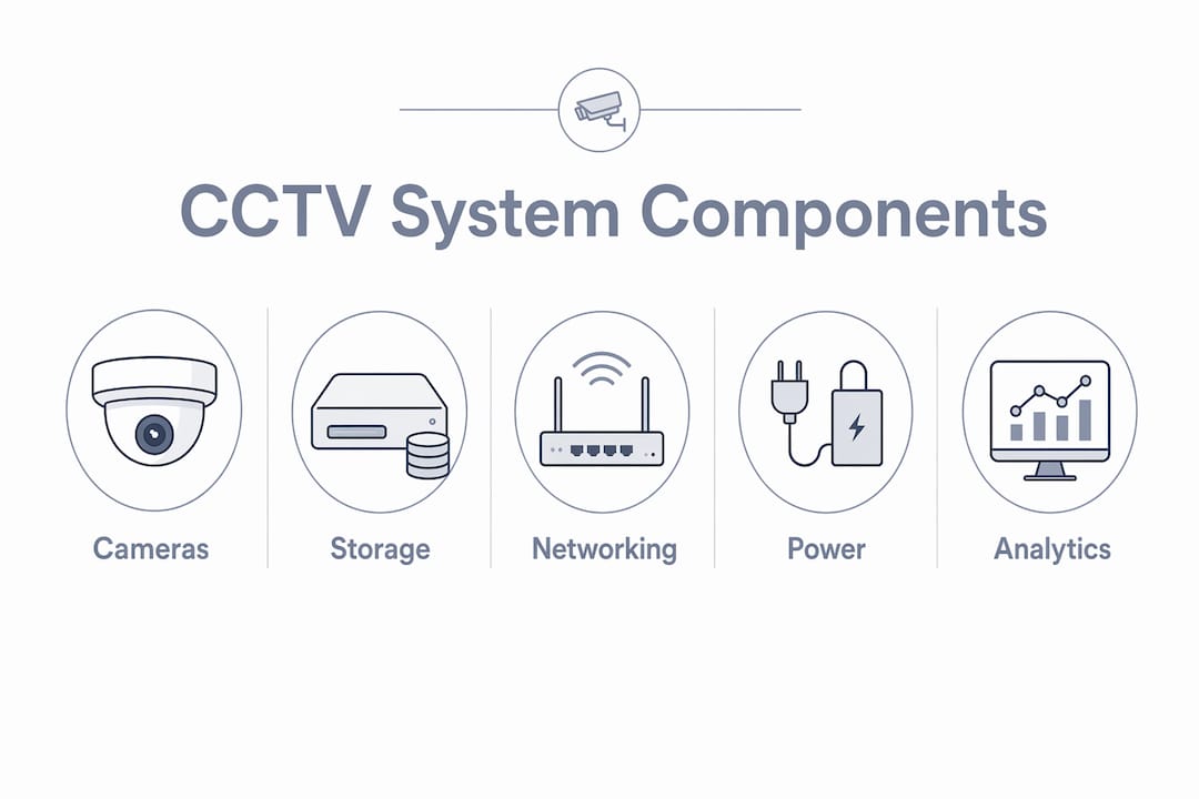 Infographic showing core CCTV system components as hierarchy