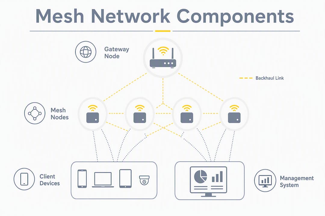 Infographic showing wireless mesh network components
