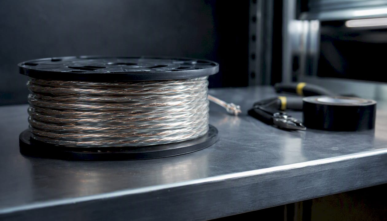Close-up of solid copper network cable spool