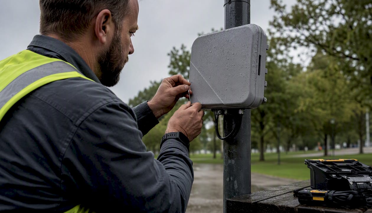 Technician fixing outdoor wireless access point
