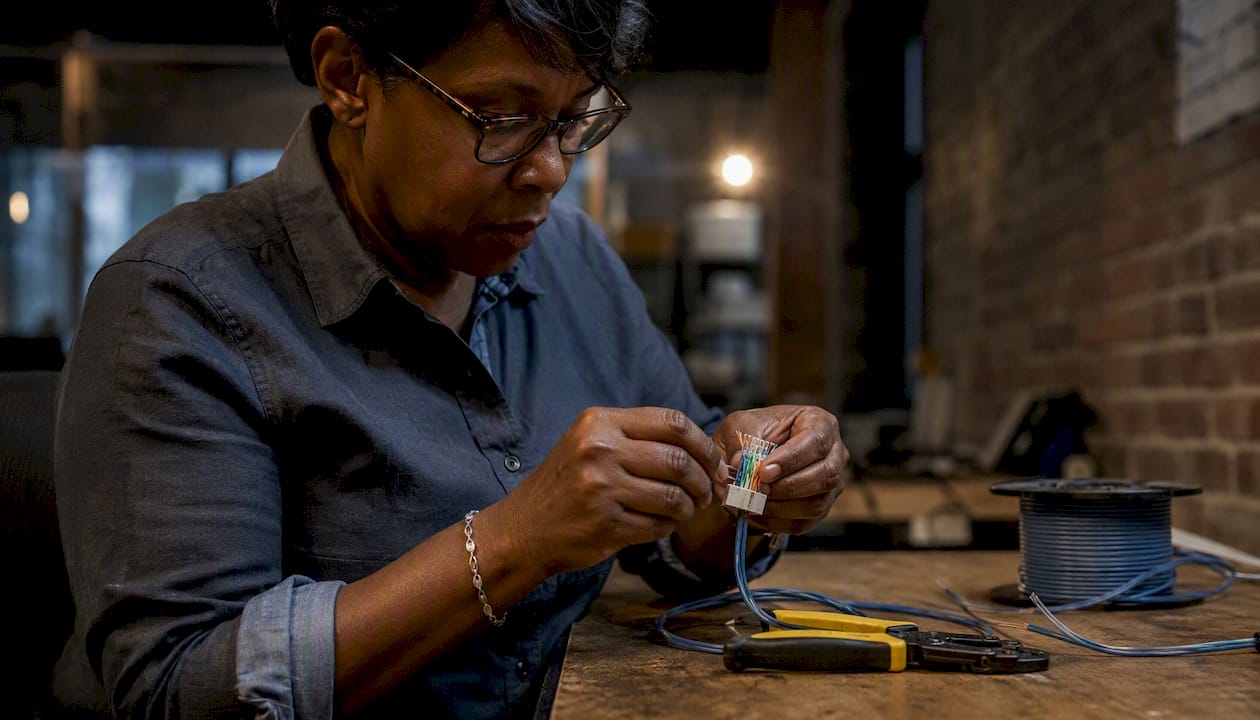 Technician terminating copper cable jack