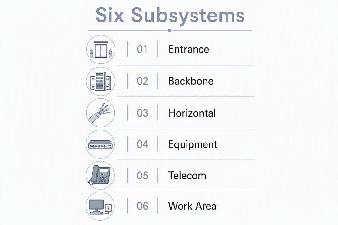 Infographic showing six structured cabling subsystems in vertical flow