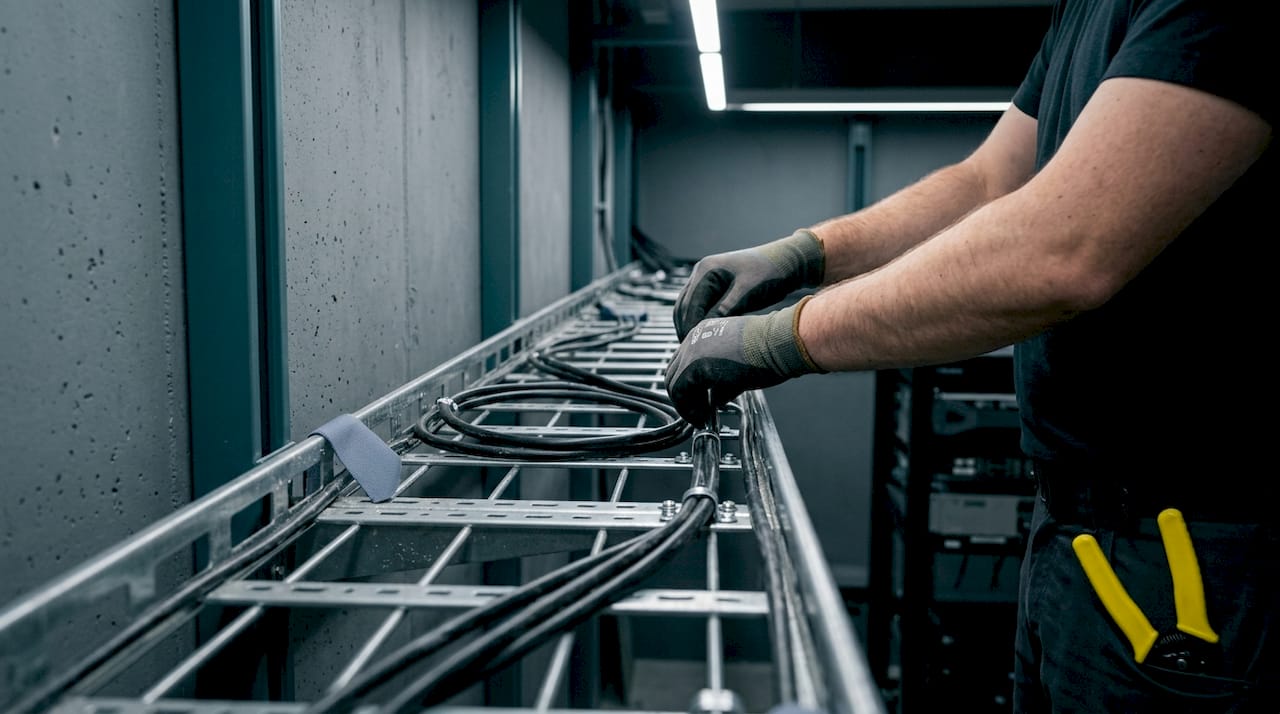 Hands installing coax cable inside building