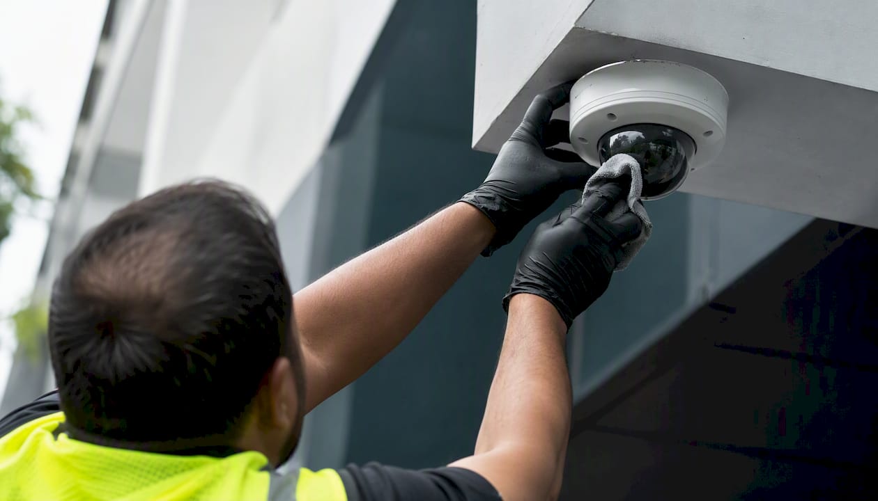 Hands cleaning dome lens of outdoor security camera