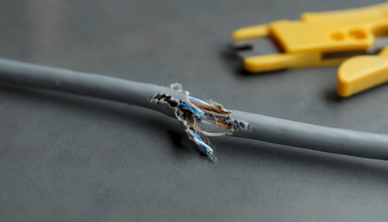 Damaged network cable with cut insulation