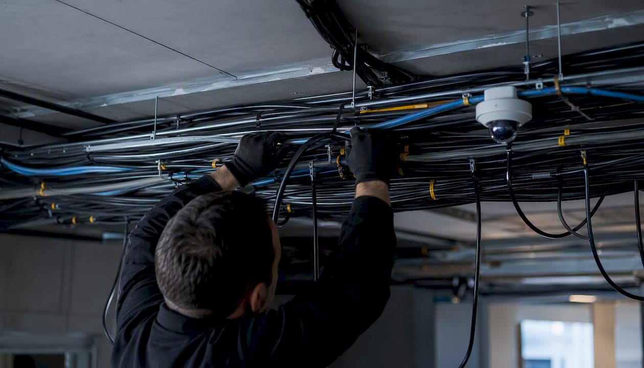 Technician bundling low-voltage cables in ceiling