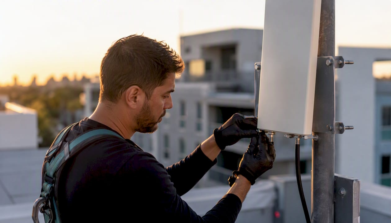 Installer adjusting outdoor booster antenna