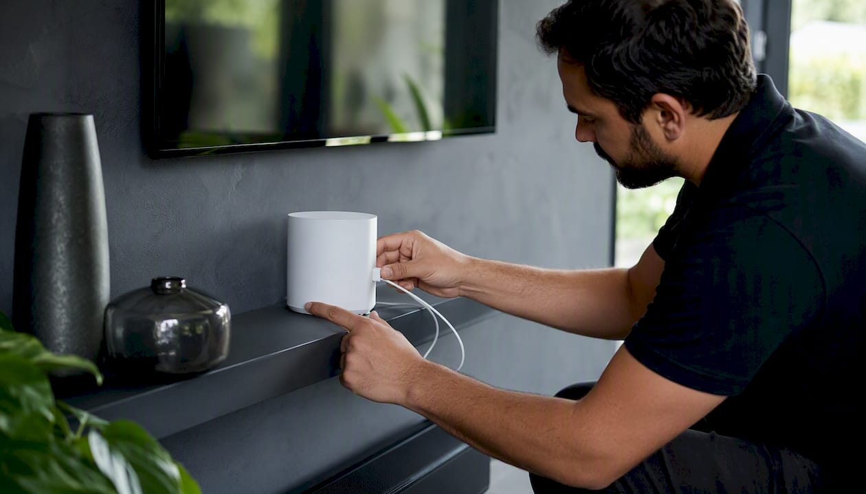 Hands installing mesh Wi-Fi node indoors
