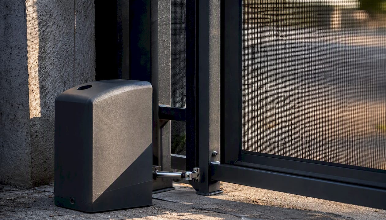 Swing gate operator with protective screening