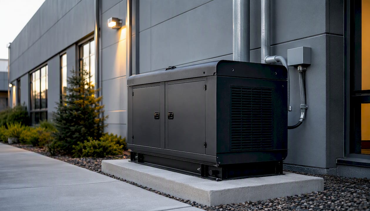 Outdoor standby generator on commercial building pad