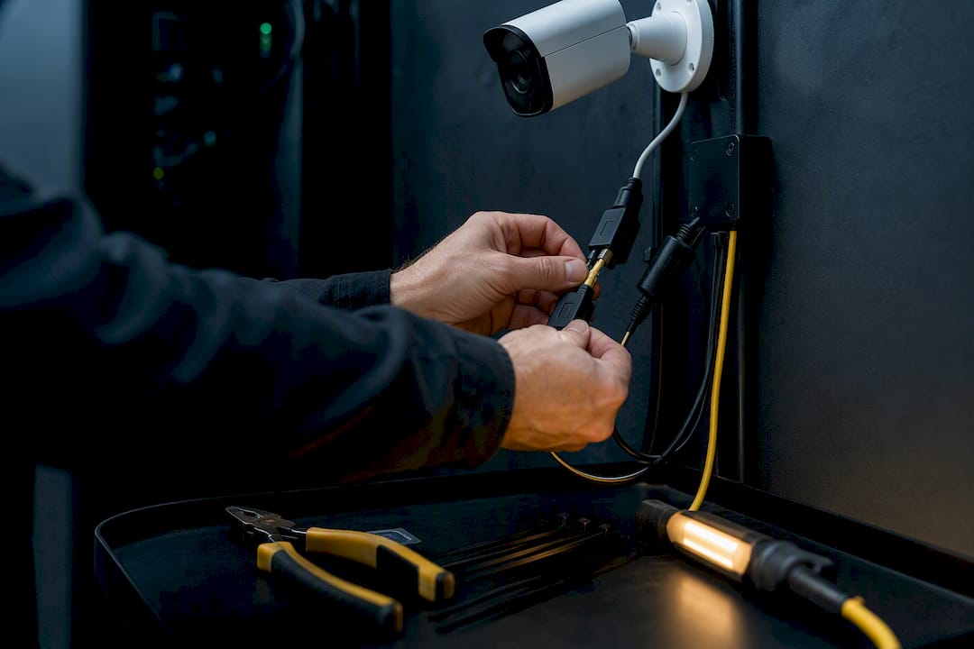 Hands installing surge protectors on security camera cables