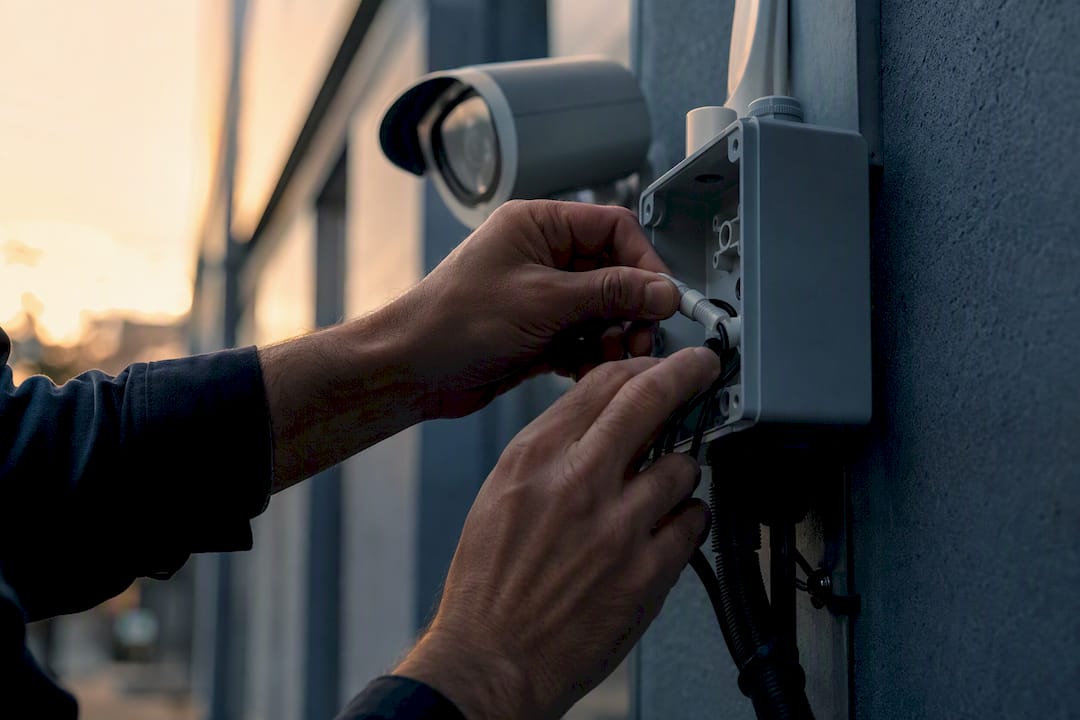 Hands connecting cable to security camera junction
