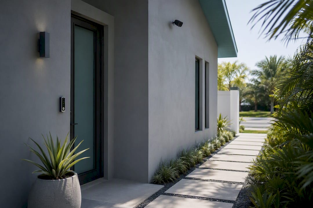 Two exterior security cameras positioned at different heights at front door
