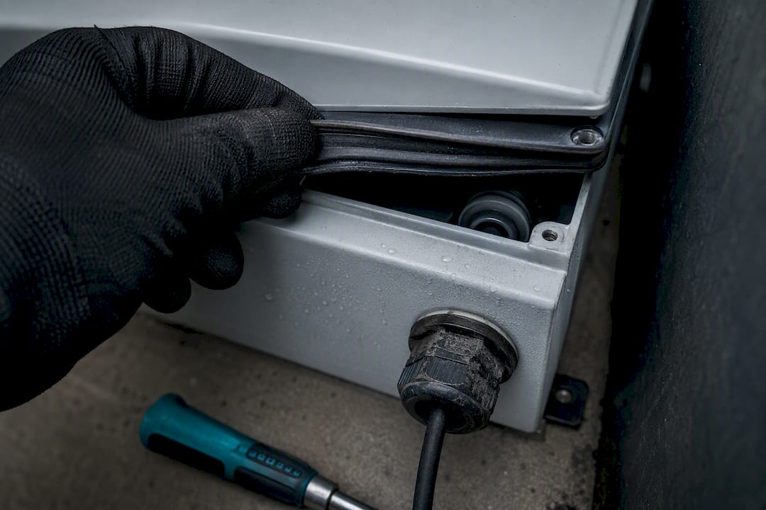 Technician inspecting outdoor enclosure gasket