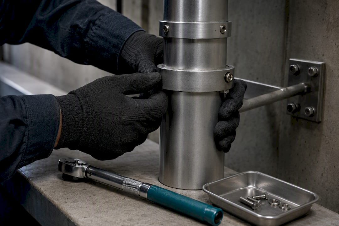 Technician adjusting telescoping mast joint