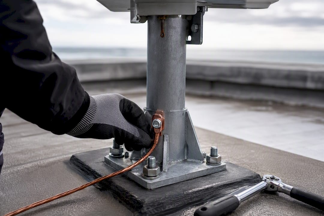 Installer checking rooftop mast grounding