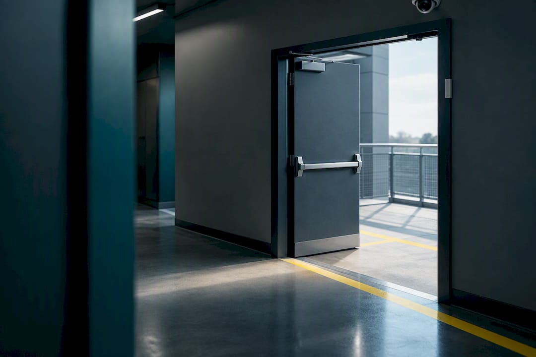 Emergency exit door with camera coverage