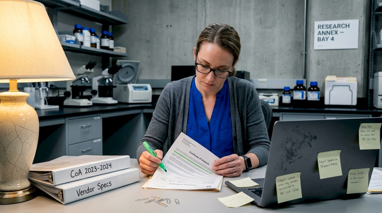 Researcher checks certificate of analysis at messy desk