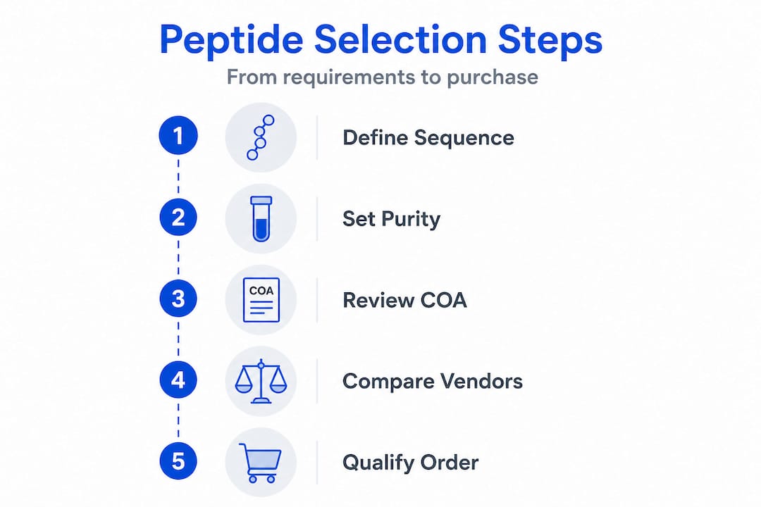 Vertical flow infographic with five peptide selection steps