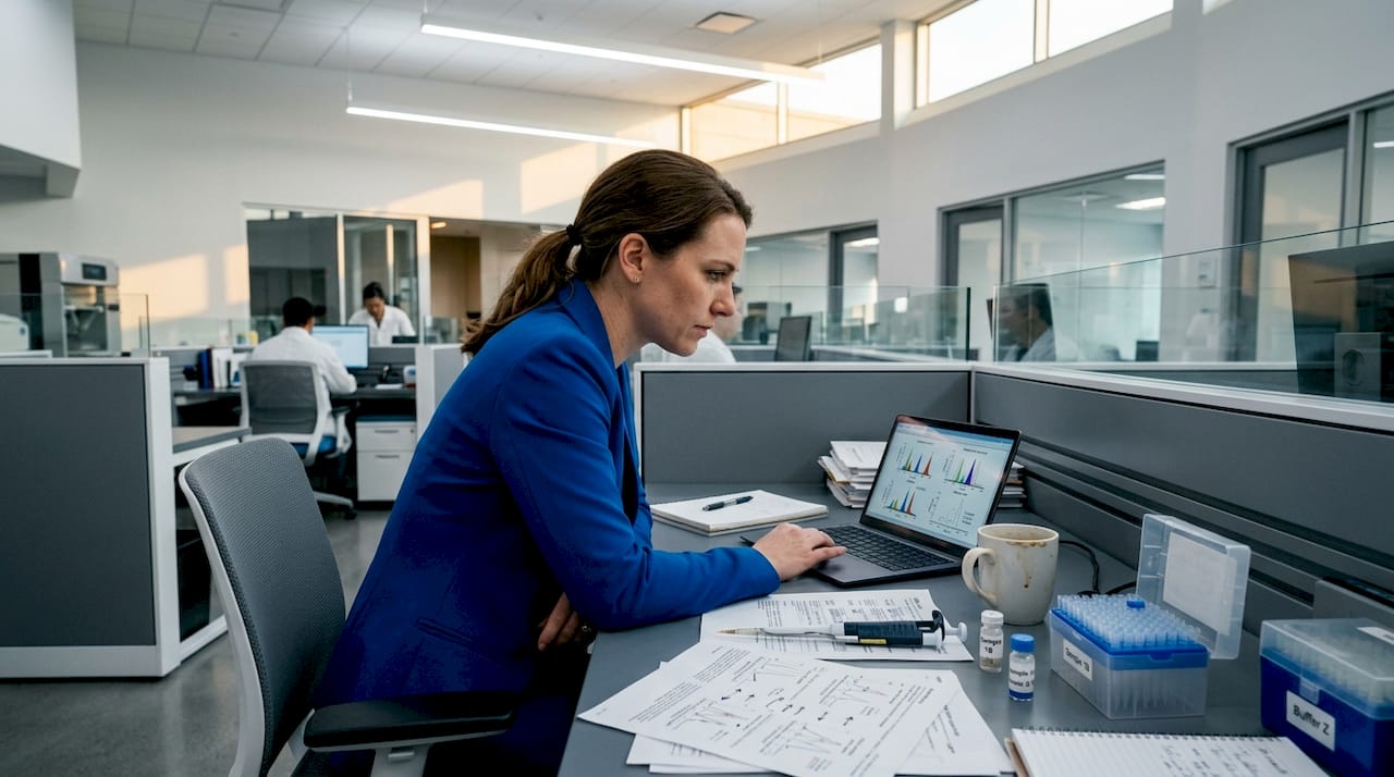 Researcher analyzing peptide experiment results