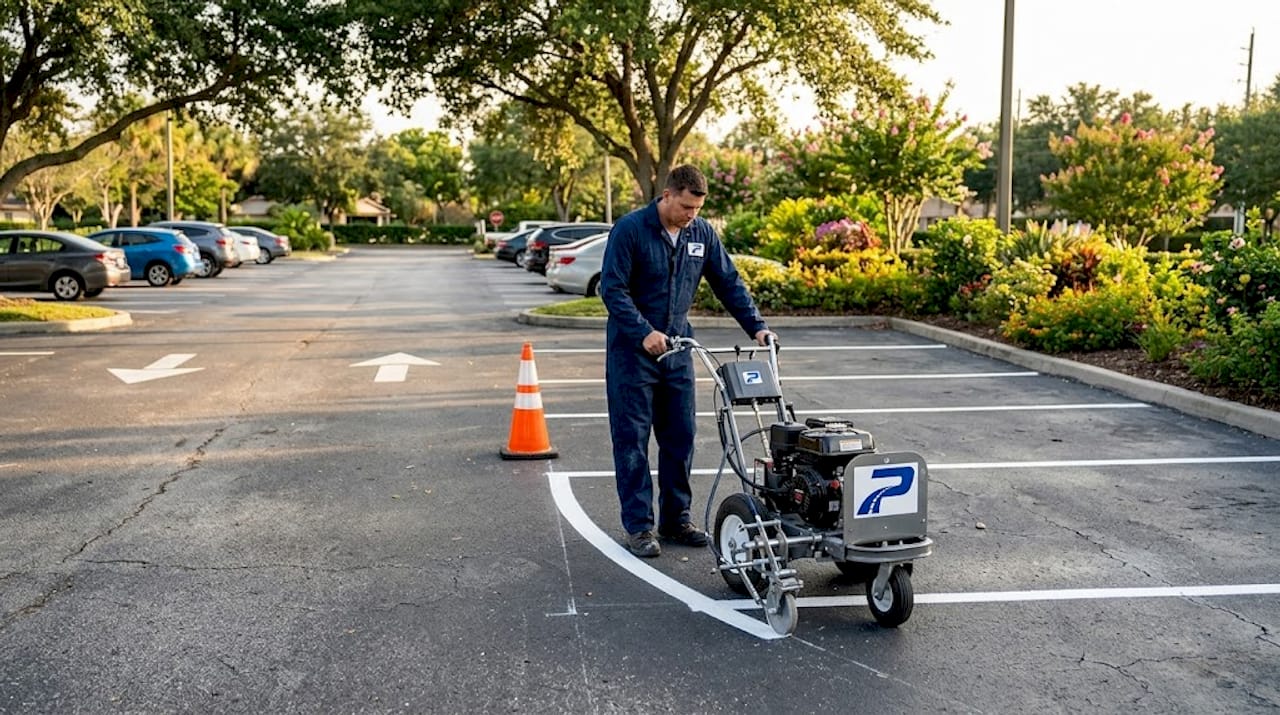 Worker striping perpendicular parking spaces