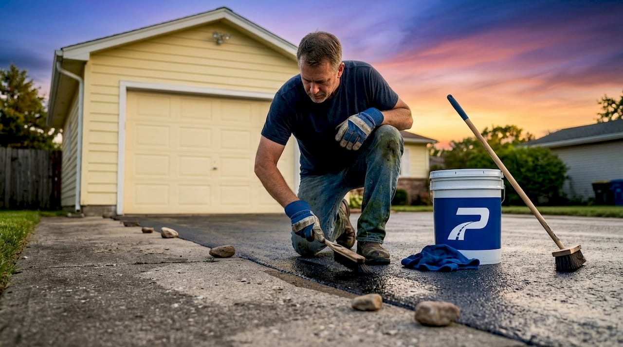 Homeowner applying asphalt emulsion sealer by garage