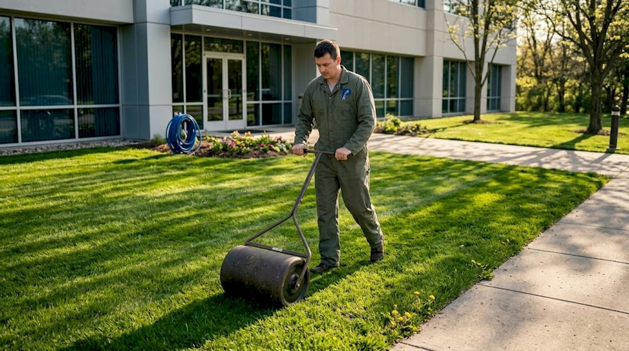 Striped lawn in front of office building