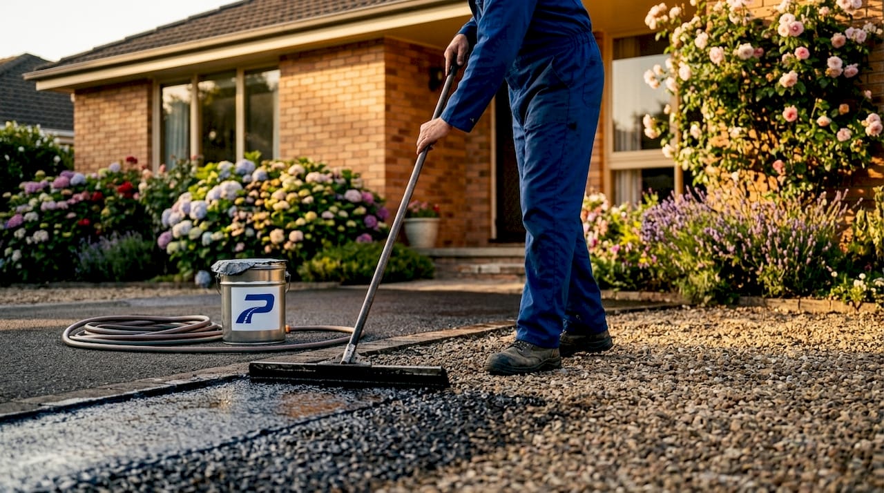 Worker applying sealcoat to driveway surface