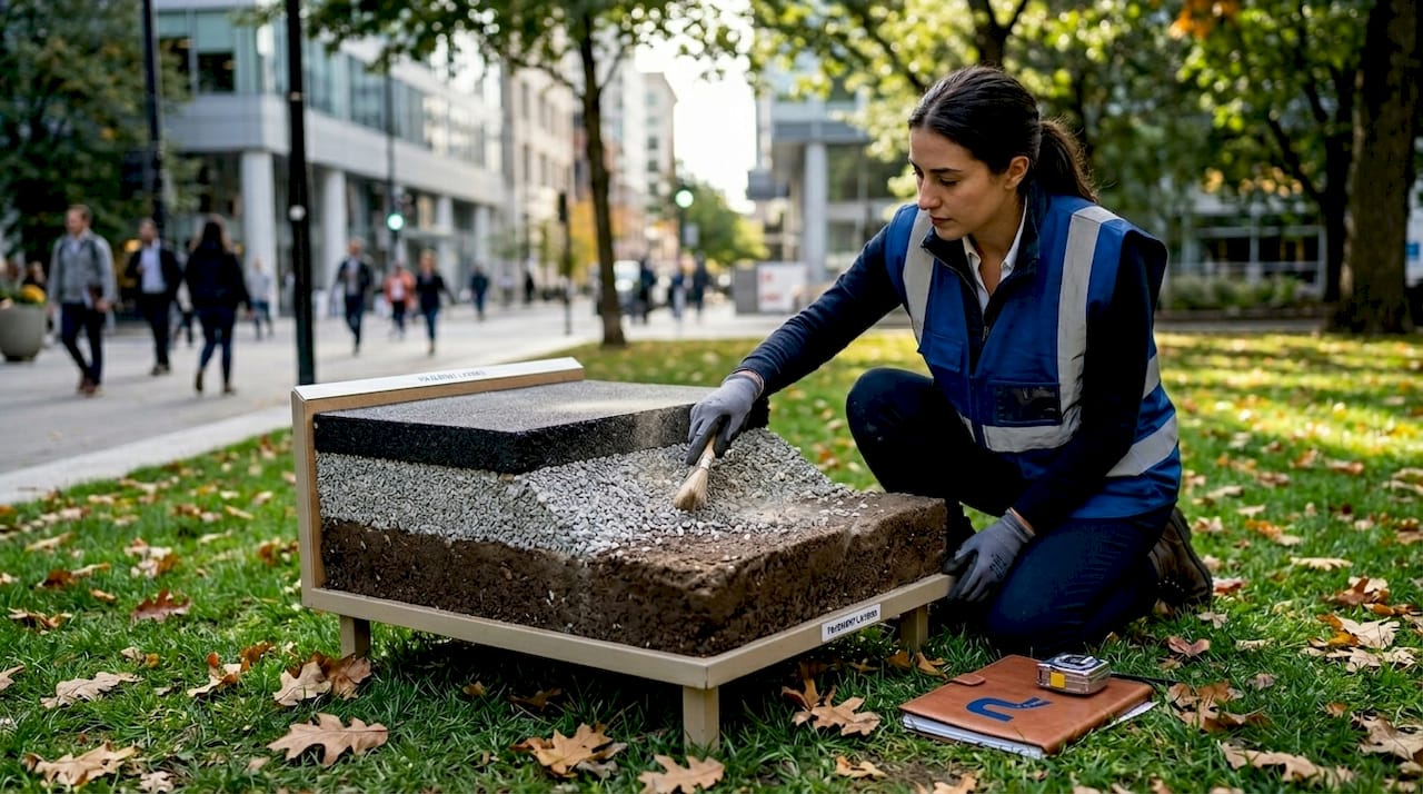 Engineer examining exposed asphalt layers outdoors