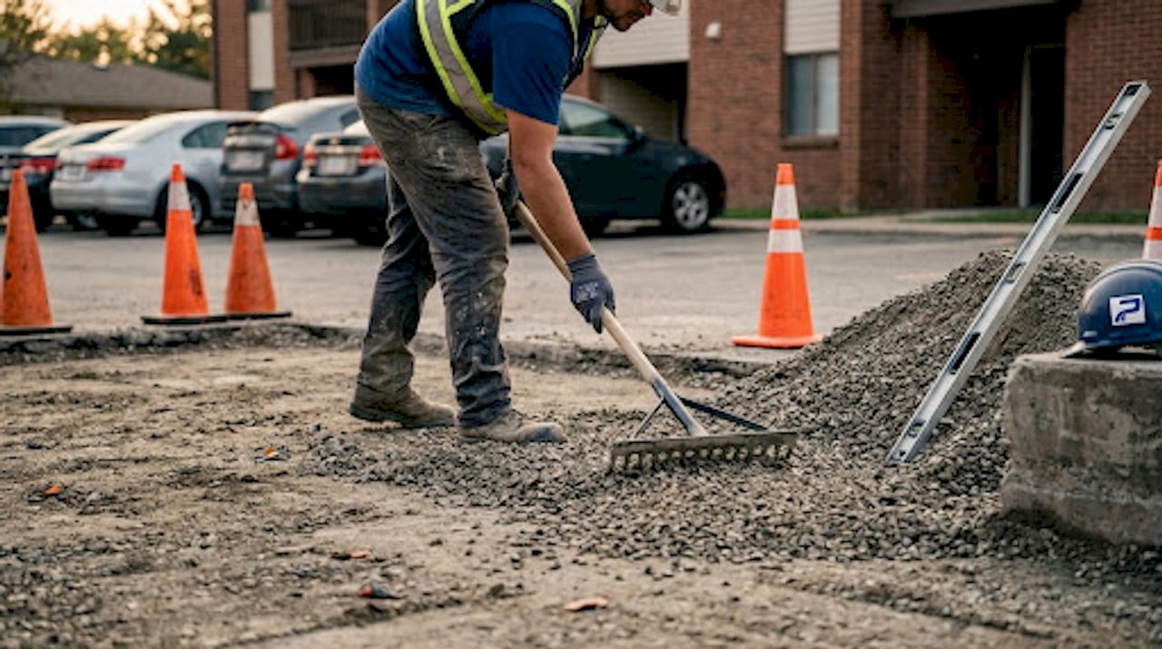 Worker preparing granular base for pavement