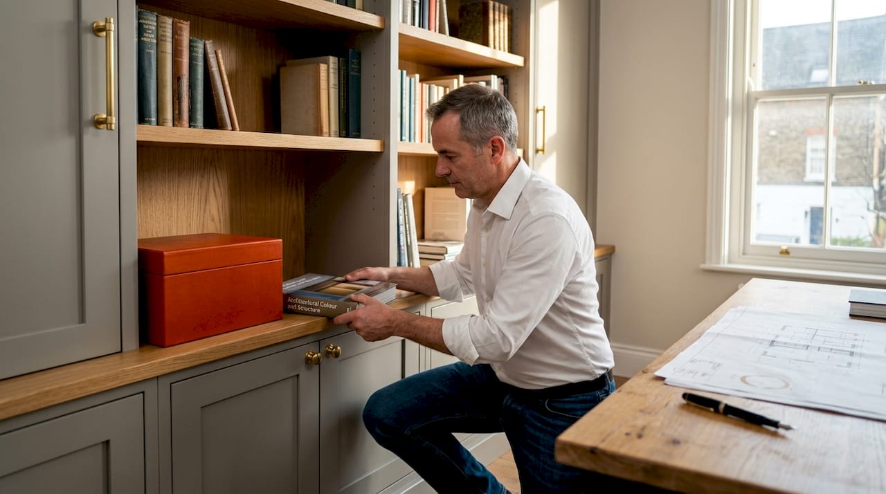 Man arranging items on bespoke office shelving