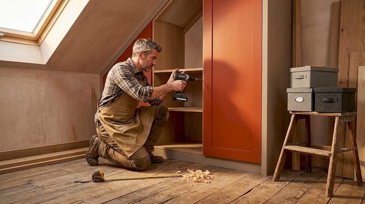 Carpenter installing wardrobe in attic with sloped ceiling