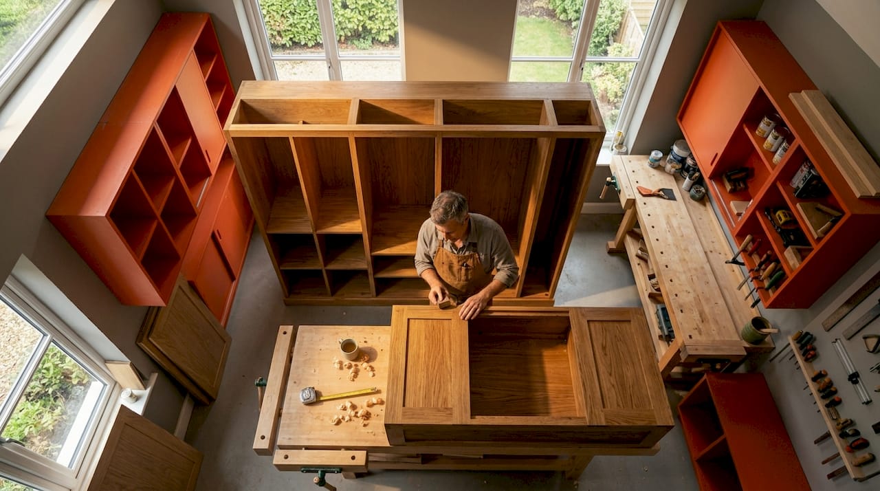 Carpenter checking wardrobe wood quality in studio