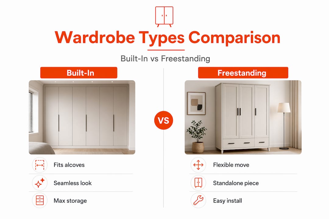 Infographic comparing built-in and freestanding wardrobes