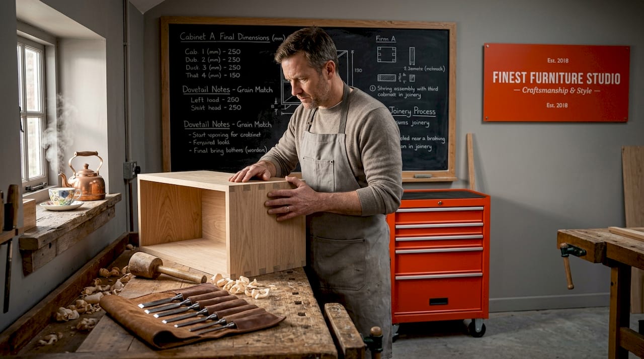 Craftsman assembling oak cabinet using joinery
