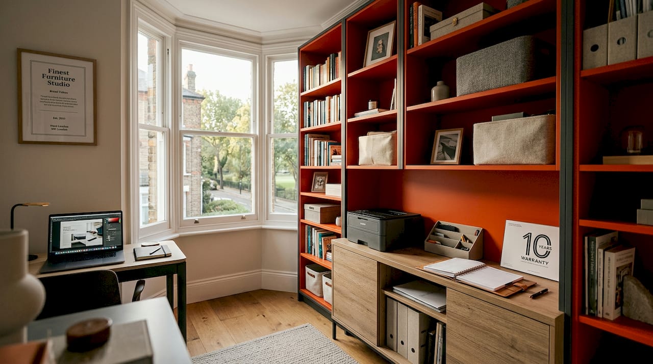 Tall built-in shelving and sideboard in home office