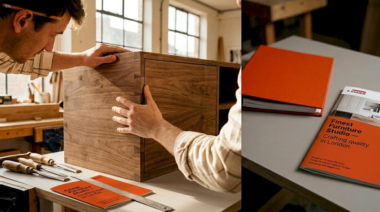 Artisan inspecting dovetail joints of walnut cabinet